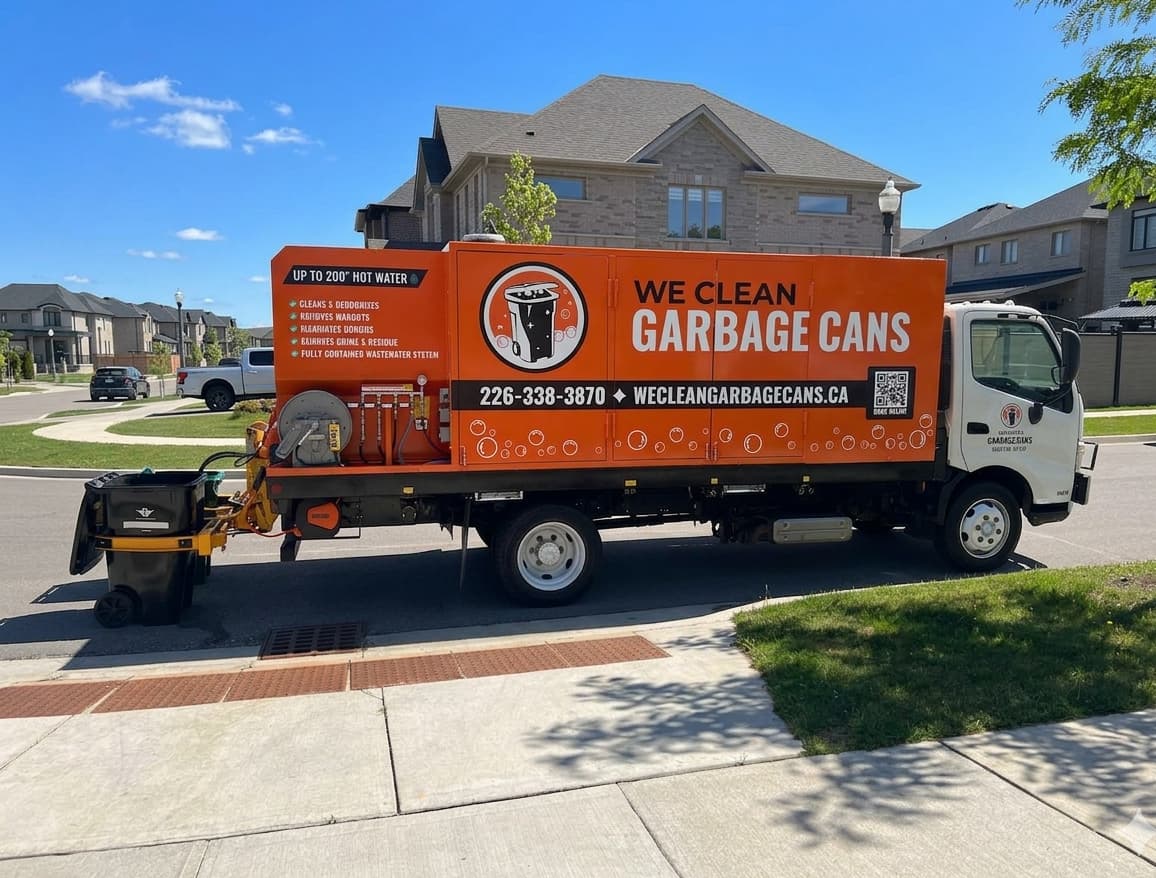 We Clean Garbage Cans truck cleaning garbage cans in a neighbourhood